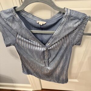 Anthropologie Shimmering Blue Metallic Ribbed Henley Top